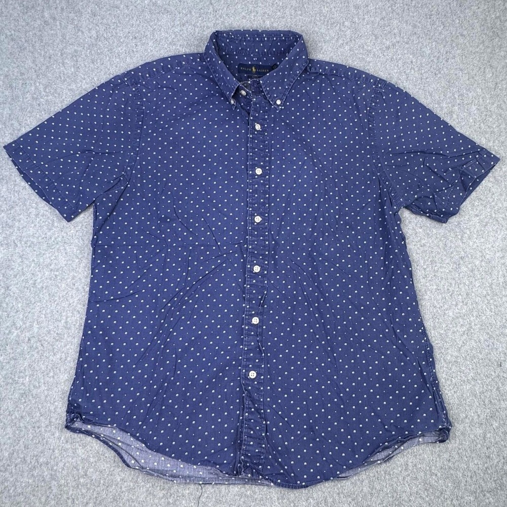 Polo Ralph Lauren Navy Blue Slim Fit Polka Dot Shirt‎ Men's Size XL Preppy